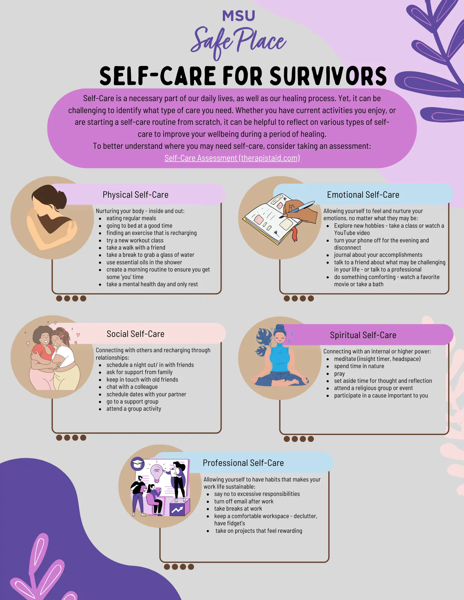 Self-Care for Survivors Worksheet. A worksheet listing ideas for self care in the following realms. Physical, emotional, social, spiritual, and professional.